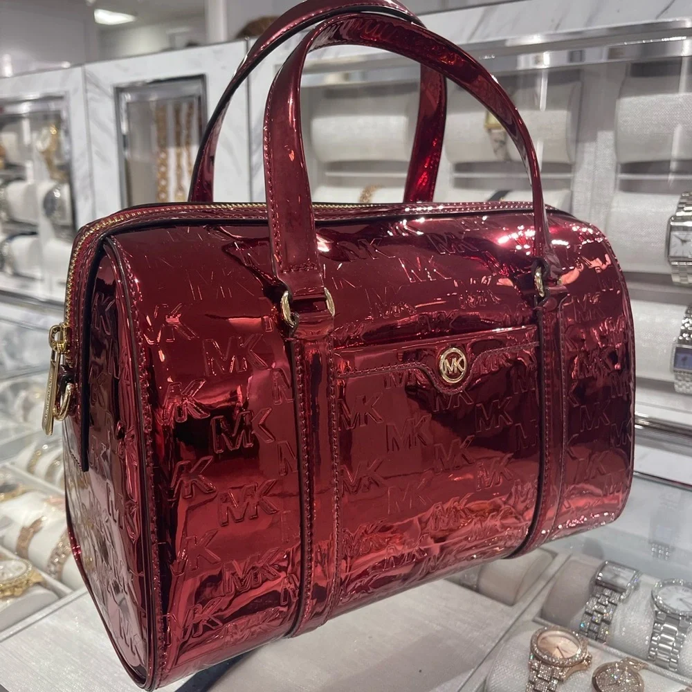 MICHAEL KORS Jet Set Medium Metallic Logo Debossed Satchel Cherry  NWT